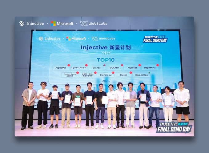 A group of participants stands on stage holding certificates at the 'Injective x Microsoft x Web3Labs' Final Demo Day, with a screen displaying the 'Injective 新星计划' (Injective Rising Star Program) and a TOP 10 list including AlphaPal, Agentic Predict, Orchid, OLAXBT, AgentBL, DopaMine, Pocket Event, Maneki AI, life-cli, and Companion.