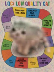 Vibrant 'LQC: Low Quality Cat' meme image showing a blurry cat surrounded by a colorful spinning wheel with humorous options like 'TOO BLURRY—MESS A TURN', 'PIXELATED FANS—GO BACK 3', and 'LOW QUALITY CAT—EXTRA TURN'.