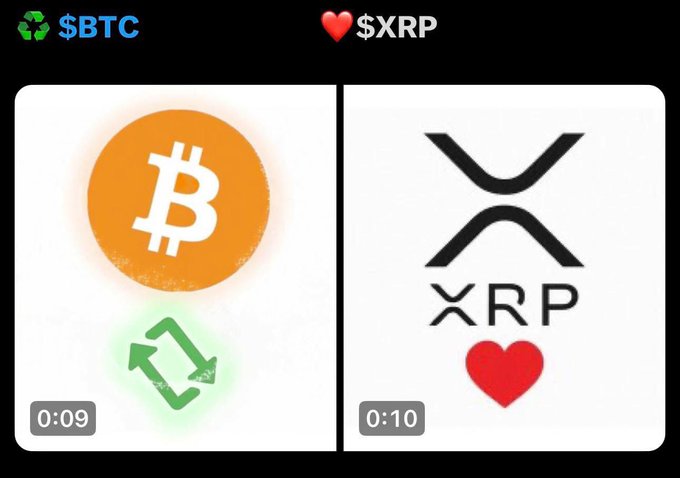 The image displays a side-by-side comparison of two cryptocurrencies: $BTC (Bitcoin) on the left with its orange logo and a recycling/exchange symbol, and $XRP on the right with its distinctive X logo accompanied by a red heart, matching the post's "WHAT'S YOUR PICK?" prompt between the two options.