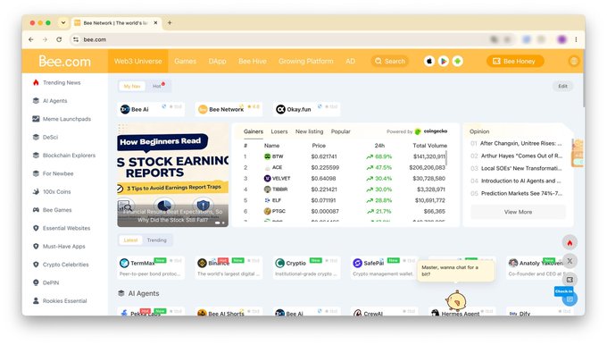 The image shows a screenshot of the redesigned Bee.com homepage interface, featuring a left sidebar menu with categories like "Trending News," "AI Agents," "Meme Launchpads," and "DeSci," along with a central dashboard displaying real-time cryptocurrency market data for popular tokens including BTW ($0.627141), ACE ($0.225599), VELVET ($0.640098), TRASH ($0.221421), ELF ($0.071991), and PTGC ($0.0000987), each showing their 24-hour percentage changes in green. The "How Beginners Read 5 Stock Earning Reports" promotional banner and "Bee Network 0.8" header indicate this captures the newly launched Bee.com experience referenced in the post about the platform's evolution toward P2P functionality.