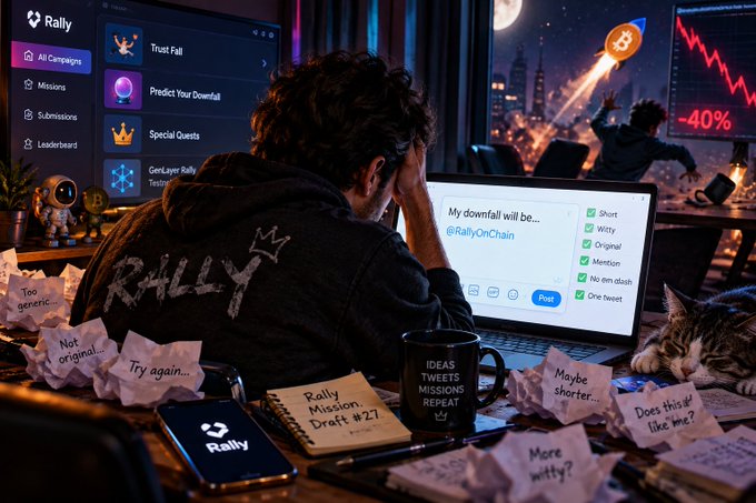 A frustrated man wearing a 'Rally' hoodie sits at a desk cluttered with crumpled notes, struggling with a campaign titled 'My downfall will be...' for @RallyOnChain, with a chart showing -40% decline behind him.