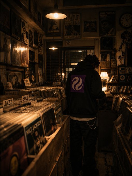 The image shows a man standing inside a record store surrounded by numerous records. The man appears to be browsing or searching for music CDs. The scene captures his interest as he looks at the records available, possibly considering purchasing one or two of them. The photo is taken from an angle that emphasizes the shelves filled with various records and the man's position in front of it.