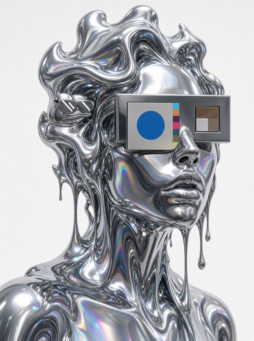 A metallic silver sculpture of a woman's face with flowing liquid-like hair, wearing pixelated sunglasses