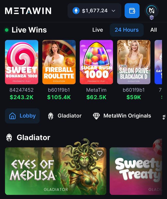 The image shows the MetaWin online casino homepage displaying a $1,677.24 account balance, "Live Wins" from games like Sweet Bonanza 1000 ($243.2K), Fireball Roulette ($105.4K), Sugar Rush 1000 ($62.5K), and Salon Prive Blackjack ($59K), along with featured Gladiator games "Eyes of Medusa" and "Sweety Treaty." The screenshot serves as visual proof of MetaWin's active platform, supporting the post's claim about the deposit bonus opportunity (code X100, 100% match up to $1,000) and the $1 million player giveaway promotion.