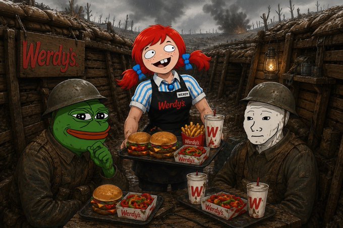 Wendy's mascot "Wendy" is depicted in a World War I trench, serving burgers, fries, and drinks from "Werdys" to a Pepe the Frog soldier and a wojak soldier. The caption plays on the meme imagery, portraying Wendy's as a reliable provider delivering in the midst of a chaotic "market" (both literal battlefield and meme trading environment).