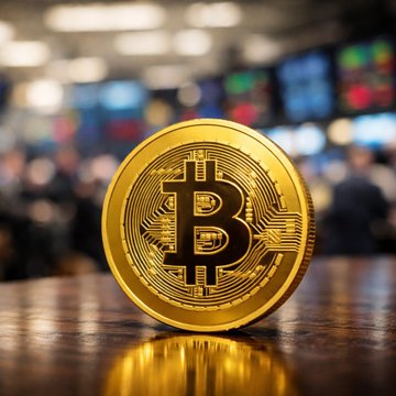 A physical Bitcoin coin sits prominently on a wooden surface against a blurred trading floor background, symbolizing the cryptocurrency market. The image illustrates the context of the post's news about US spot Bitcoin ETFs recording $424.66M in outflows on July 13, wiping out previous gains.