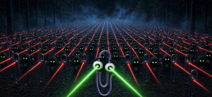 A surreal digital artwork depicting a massive army of clippy/paperclip-shaped figures with green eyes and red lightsabers in a misty forest, with a central paperclip character wielding green dual lightsabers.
