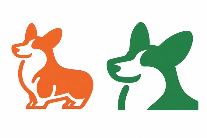 Two stylized dog silhouettes, one solid orange sitting and one green/bwhite bust, both with pointed ears against a dark backdrop.