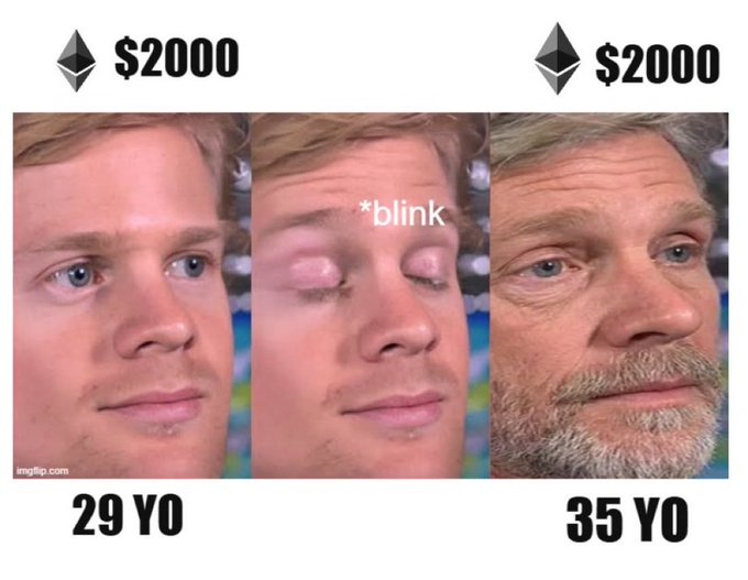 A three-panel meme using the "Blinking White Guy" template shows a young man ($2000, 29 YO) blinking and waking up to reveal an aged version of himself ($2000, 35 YO), illustrating how a stablecoin maintaining its $2000 peg dramatically loses purchasing power over just six years due to inflation and value erosion.