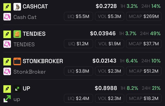 A cryptocurrency list displays tokens including CASHCAT ($0.2728, +3.2%), TENDIES ($0.03946, +3.7%), STONKBROKER ($0.02143, +6.4%), and UP ($0.8988, +8.2%) with liquidity, volume, and market cap stats.