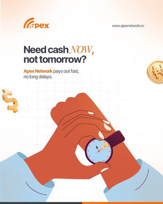 An Apex Network promotional ad featuring the tagline "Need cash NOW, not tomorrow? Apex Network pays out fast, no long delays," alongside an illustration of hands holding a clock and floating currency symbols, reinforcing the post's theme of the platform's consistent, fast-payout reliability over the years.