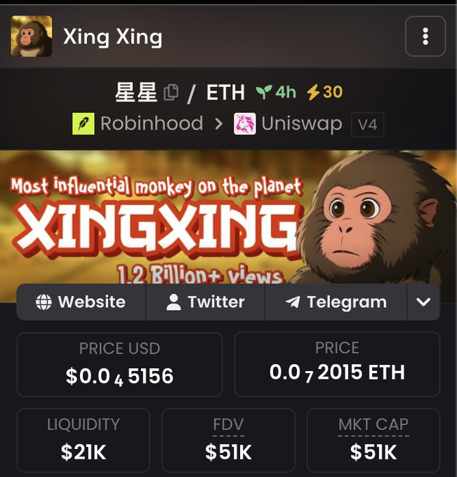 A cryptocurrency trading interface displays details for the 'Xing Xing' token, showing a price of $0.04516, liquidity of $21K, and a 'Most influential monkey on the planet' banner.