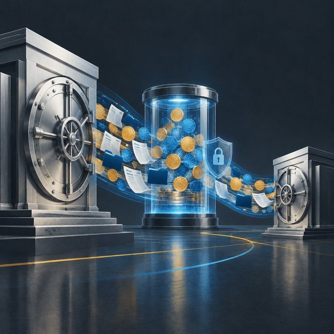 A digital illustration showing two large bank vaults, with a glowing cylindrical container in the center filled with gold and blue coins, surrounded by documents, folders, and a blue shield icon representing protection.
