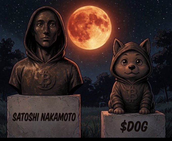 A digital illustration showing bronze statues of Satoshi Nakamoto (with a Bitcoin logo on his hoodie) and Doge (with a Bitcoin logo and $DOG on its pedestal) standing under a large orange full moon.