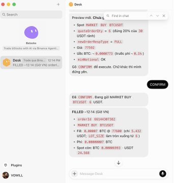 A screenshot of a chat interface showing automated cryptocurrency trading activity, with buy instructions referencing 'MARKET BUY BTCUSDT' for 'orderld' 6814430392, pricing at 77680, and USDT amounts like 0.0000773, displayed alongside a Desk application sidebar.