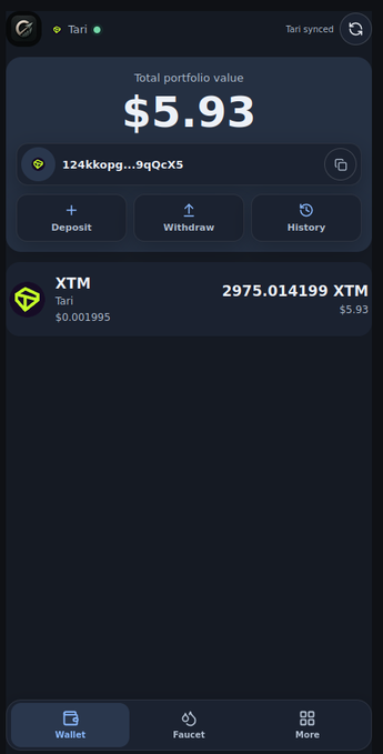A screenshot of a cryptocurrency wallet app showing a total portfolio value of $5.93, containing 2975.014199 XTM (Tari) tokens.
