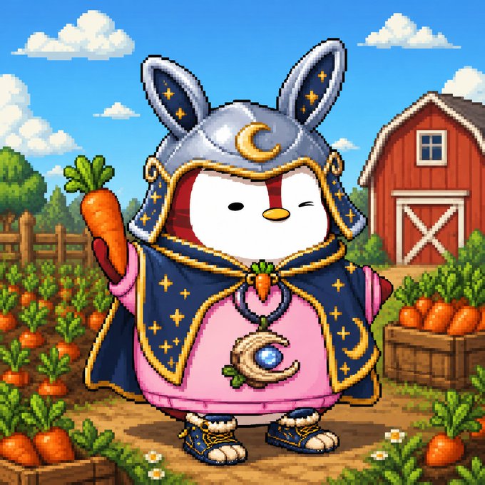 The image features a cartoon penguin dressed as a knight with a helmet and holding a carrot, standing next to a wooden fence and surrounded by orange carrots growing in a garden. The post includes text that reads "Happy Monday! Looks like this week the pudgy will be eating lots of carrots. Have you stolen many carrots yet? Get gear up and go steal carrots!" This suggests that the penguin might have been involved in stealing carrots from the garden, as indicated by the presence of the wooden fence and the numerous carrots growing around it.