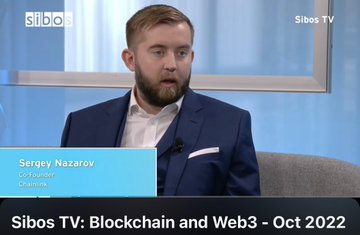 A screenshot from Sibos TV labeled 'Sibos TV: Blockchain and Web3 - Oct 2022' featuring Sergey Nazarov, Co-Founder of Chainlink, in a blue suit.