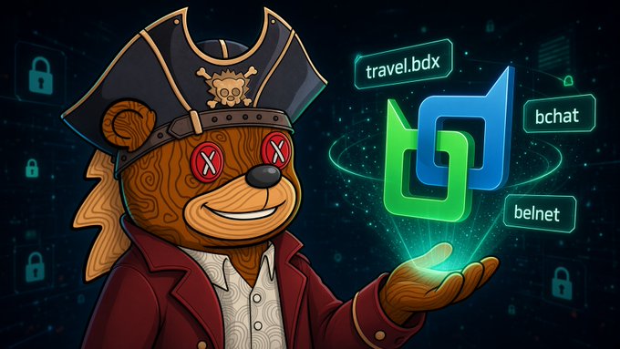 A cartoon bear pirate character with X-shaped eyes holding a glowing 3D logo, with text bubbles reading 'travel.bdx', 'bchat', and 'belnet' on a dark digital background.