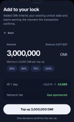 A mobile app screen titled 'Add to your lock' showing an OMI token transaction interface with 3,000,000 OMI being topped up, displaying balance details and a 'Gas sponsored' confirmation.