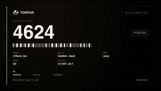 A digital ticket or applicant card from TORPOR with applicant number 4624 marked as PENDING, displaying a barcode, handle @Romi_btc, wallet 0xb9b4...8ee5, and status of 5/5 tasks completed, dated 10 OKT. 26 r.