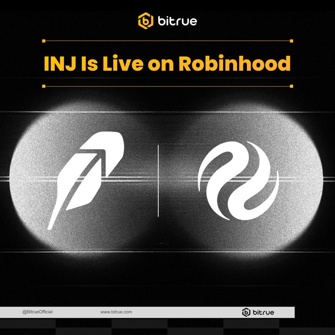 A Bitrue promotional graphic with the headline "INJ Is Live on Robinhood" displayed above two spotlit icons featuring the Robinhood feather logo (left) and the Injective (INJ) logo (right). The image visually reinforces the announcement of INJ's new listing on Robinhood while directing users to stake INJ on Bitrue.