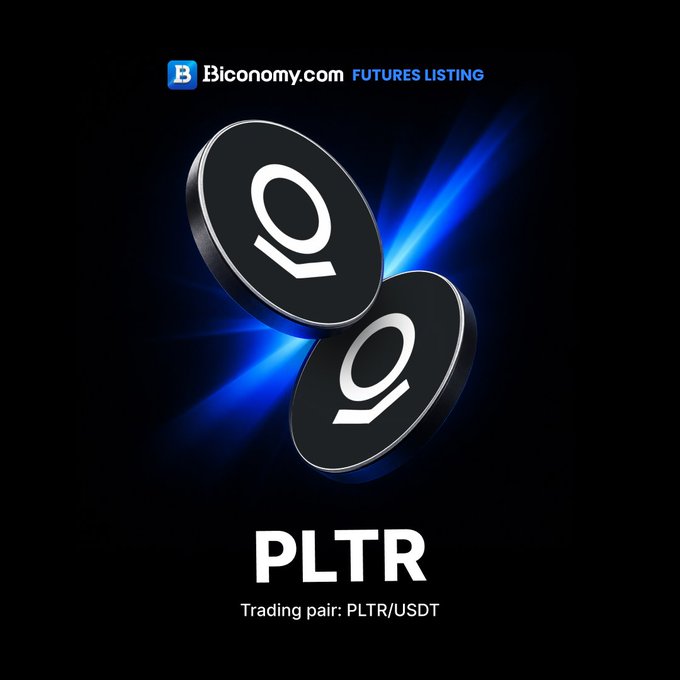 A Biconomy.com promotional graphic announcing the new futures listing of PLTR, featuring two 3D black coins with the "b" logo against a glowing blue background, with text reading "PLTR Trading pair: PLTR/USDT" matching the announcement of PLTR/USDT perpetual contract trading launching July 7, 2026.