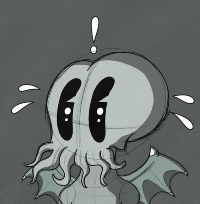A cartoon illustration of a small, surprised-looking grey octopus or squid character with large eyes and an exclamation mark above its head, appearing to sweat against a dark grey background.