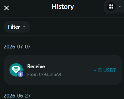 A mobile app screenshot showing a transaction history with a Receive entry of +15 USDT dated 2026-07-07.