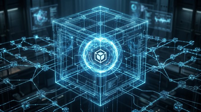 A futuristic 3D digital rendering of a glowing blue cube containing a sphere with a cube icon inside, surrounded by a network of connected nodes representing blockchain or cryptocurrency technology.