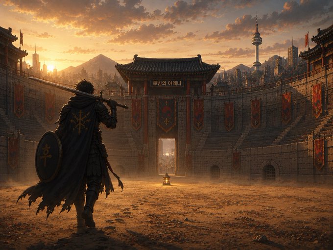 A fantasy digital artwork showing a warrior with a sword and shield standing before an ancient Korean-style gate and fortress walls, with '롯보의 아세나' written above the entrance and '축' on the shield, at sunset.