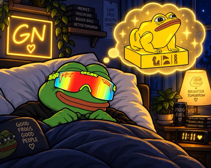A digital illustration shows a green Pepe-style frog sleeping peacefully in bed wearing rainbow 'VISA' sunglasses, dreaming of a golden frog on a pedestal, surrounded by 'GN' neon signs and crypto-themed decor.