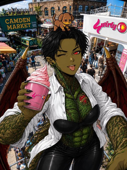 A digital artwork featuring a green-skinned, winged demon-girl with horns holding a pink swirl ice cream and a cup labeled 'quirky', with 'CAMDEN MARKET' and 'quirky' signs visible in the background.