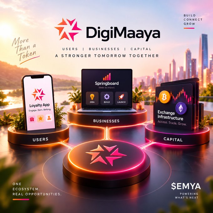A promotional graphic for 'DigiMaaya' featuring logos for Loyalty App, Springboard, and Exchange Infrastructure on glowing pedestals with the text 'More Than a Token' and 'BUILD CONNECT GROW'.