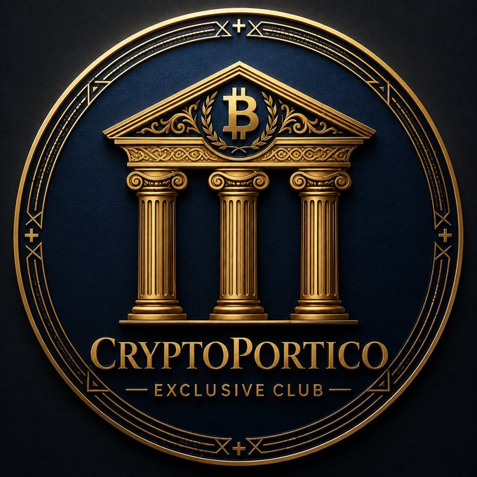 An ornate gold and navy blue emblem titled "CRYPTOPORTICO - EXCLUSIVE CLUB" featuring a Bitcoin symbol nestled within classical Greek columns.