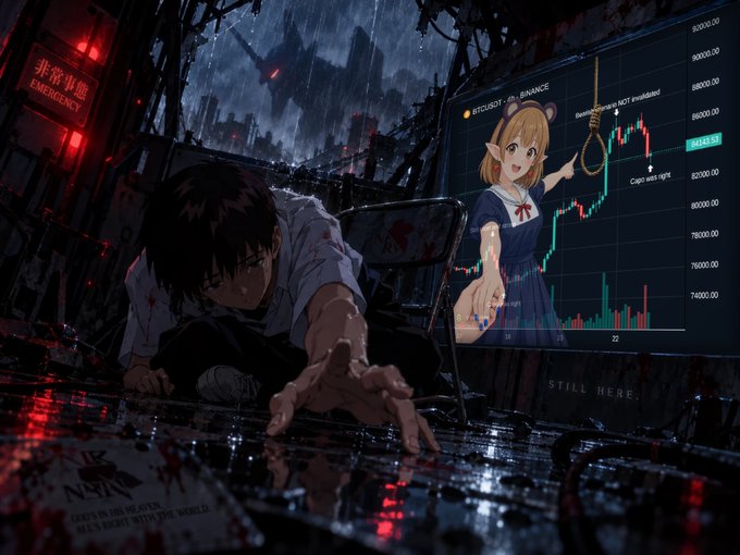 An anime-style dark scene showing a bloodied character crawling in a rain-soaked city with neon signs, alongside a Binance BTCUSDT price chart and an anime girl with mouse ears holding a noose.