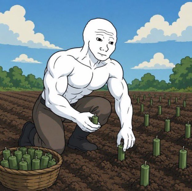 An illustration in the 'Wojak' style depicts a muscular, white figure kneeling in a field, harvesting green candles from brown soil and placing them into a basket, set against a blue sky with clouds.