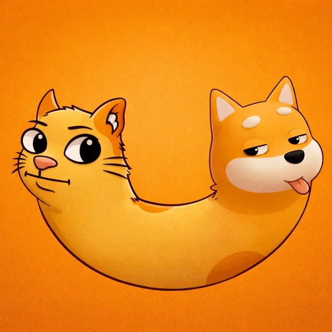 A cartoon depiction of the iconic Nickelodeon characters Cat and Dog merged into a single two-headed creature, visually representing the $CATDOG memecoin that revives the nostalgic 90s/2000s TV show as a cultural crypto phenomenon.