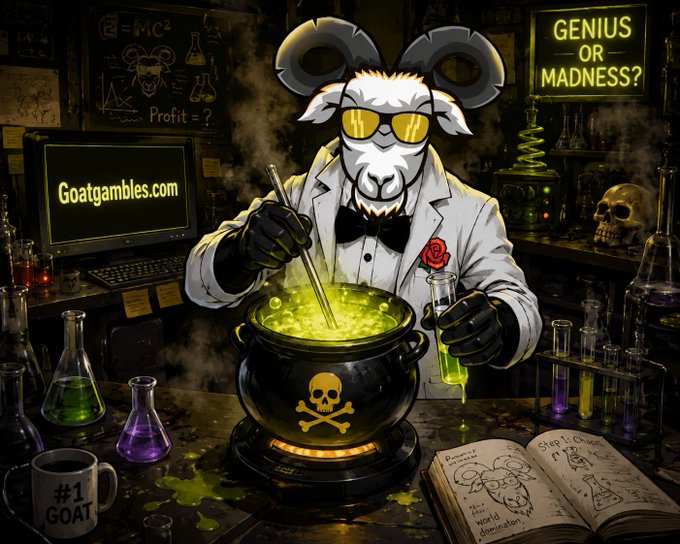 A goat scientist in a lab coat stirs a glowing green potion in a skull-marked cauldron amid various beakers and equipment, with a monitor displaying "Goatgambles.com," a "#1 GOAT" mug, and a neon "GENIUS OR MADNESS?" sign in the background. The scene playfully matches the post's theme of "cooking up" new stream segments and site features, framing the creator as a mad scientist brewing exciting content.