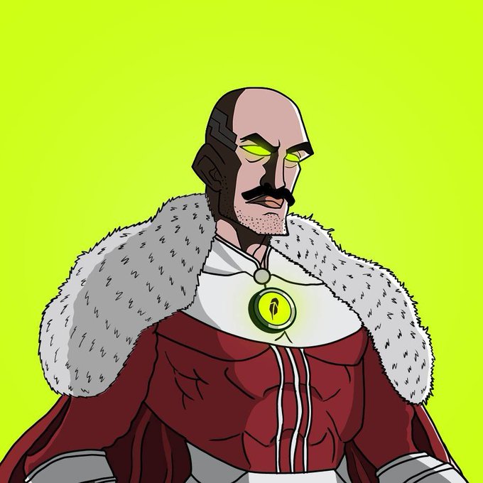 A cartoon illustration portrays a stern-looking man with a mustache, glowing green eyes, a fur-collared red cape, and a glowing green circular emblem on his chest, set against a bright green background.
