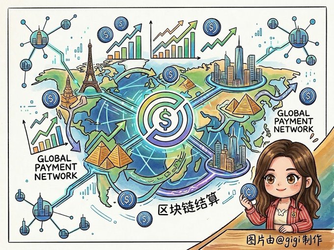 An illustrated graphic depicting a 'Global Payment Network' with a world map, dollar signs, financial charts, and landmarks like the Eiffel Tower and pyramids, alongside an anime-style girl character and Chinese text '区块链结算' (blockchain settlement), credited to 'yigi'.