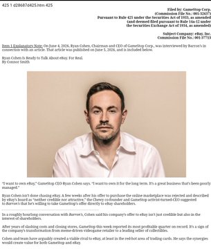 The image shows a document from GameStop listed with the caption "BREAKING: $GME has filed a new Form 425. There has been no change in GameStop's economic exposure to 39,046,658 shares of $EBAY common stock." The rest of the content is unrelated to this information and is described as a screenshot of a webpage or report.