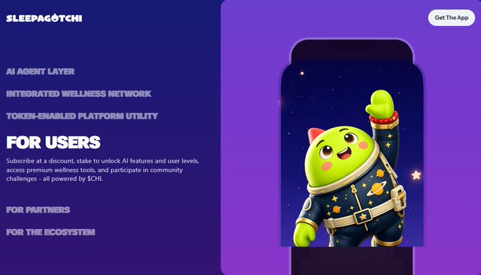 A landing page for 'SLEEPAGOTCHI' features a green cartoon character in an astronaut suit alongside text about AI Agent Layer and wellness network features.