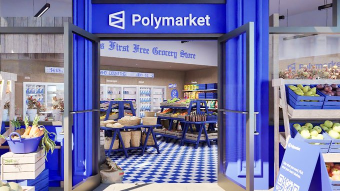 A Polymarket-branded pop-up "First Free Grocery Store" display with blue branding, fresh produce, and checkered floors, illustrating the post's point that Polymarket used a gimmicky free grocery stunt as a marketing tactic to attract "degenerates" rather than genuinely help people.