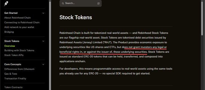 A screenshot of the Robinhood Chain documentation webpage, with the section "Stock Tokens" displayed, describing tokenized real-world assets issued as ERC-20 tokens.
