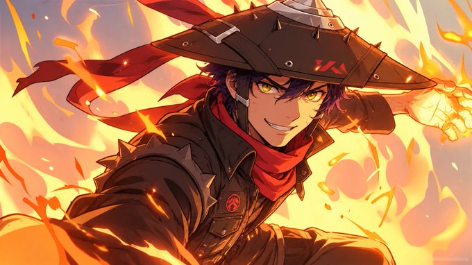 An anime-style illustration depicts a male character wearing a spiked hat and jacket, smiling confidently amidst flames and orange energy.