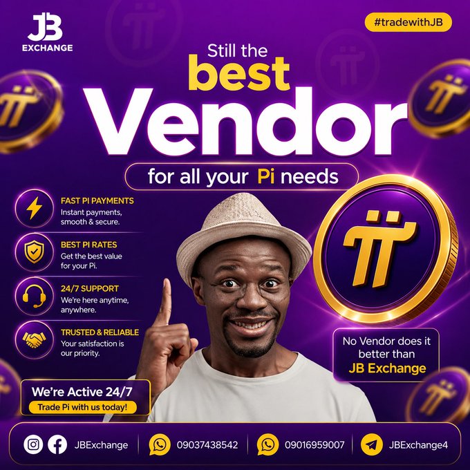 A promotional advertisement for 'JB Exchange' featuring a man pointing upward, with the text 'Still the best Vendor for all your Pi needs', listing benefits like 'FAST PI PAYMENTS', 'BEST PI RATES', and '24/7 SUPPORT' alongside a Pi cryptocurrency coin logo.