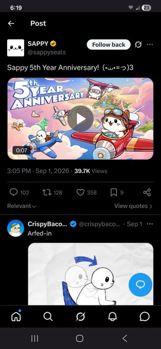 A Twitter/X post from SAPPY (@sappyeals) celebrating 'Sappy 5th Year Anniversary!' with 39.7K views, dated Sep 1, 2026, featuring animated characters in planes.
