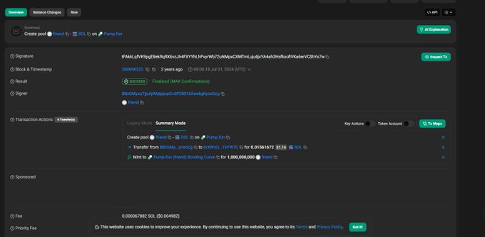 This transaction from 2 years ago shows the creation of the $friend token on Pump.fun, with the same URL as the current website. It also includes a transfer from the deployer's wallet and minting of 1,000,000,000 $friend tokens.
