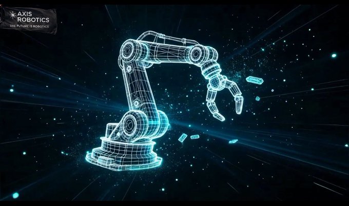 A glowing blue wireframe rendering of a robotic arm floats in space with 'AXIS ROBOTICS - THE FUTURE IS ROBOTICS' in the top-left corner.